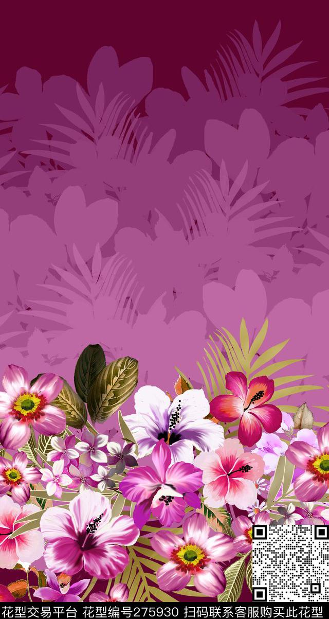 渐变色热带花花边 - 275930 - 花卉 植物 热带 - 数码印花花型 － 女装花型设计 － 瓦栏