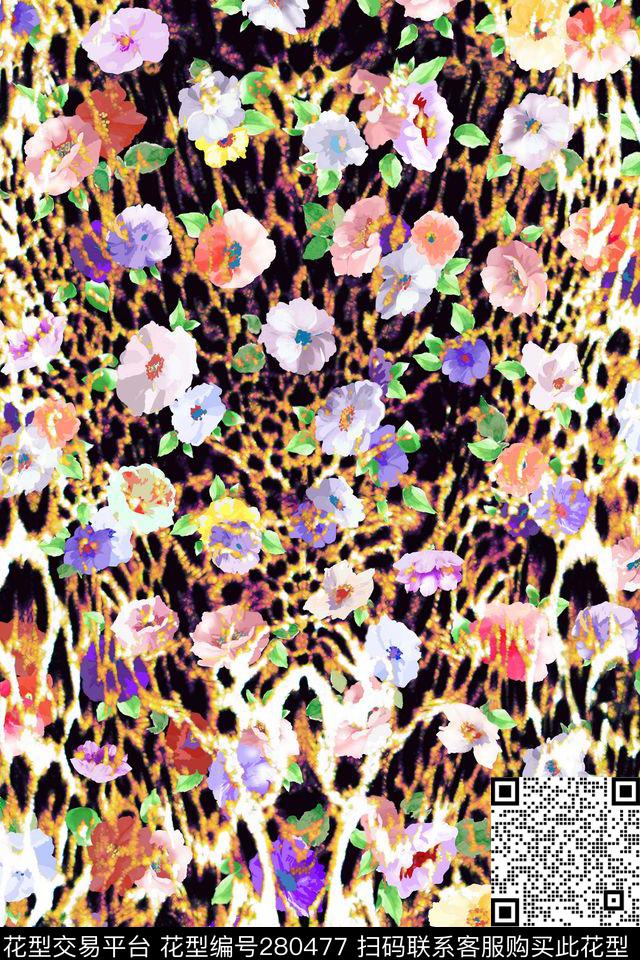 豹纹动物纹花卉数码印花花型下载（图片编号: 280477） - 瓦栏（Walan）