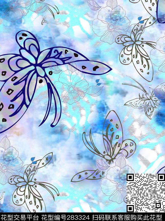 蝴蝶花卉蓝色写意图案 - 283324 - 动物纹 - 数码印花花型 － 女装花型设计 － 瓦栏