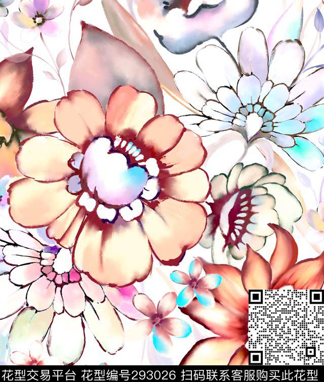 手绘花服装图案 - 293026 - 手绘水彩 花卉 清新 - 数码印花花型 － 女装花型设计 － 瓦栏