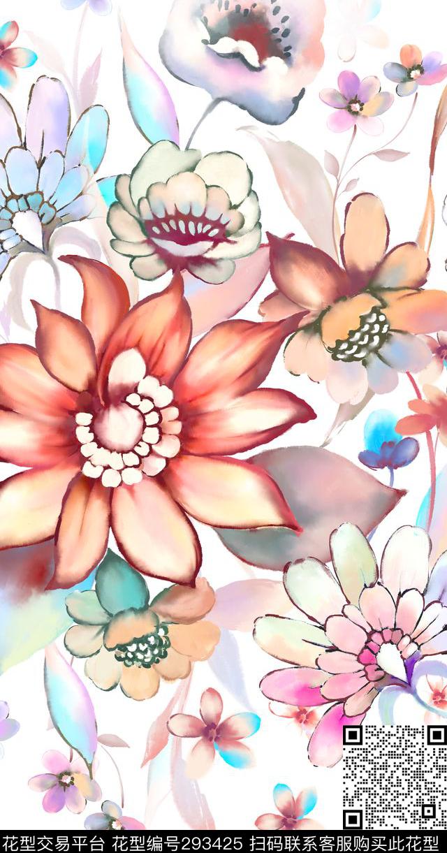 手绘花服饰图案 - 293425 - 手绘水彩 花卉 清晰 - 数码印花花型 － 女装花型设计 － 瓦栏