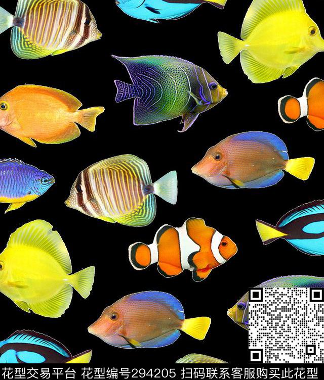 海洋鱼类鱼动物纹数码印花花型下载（图片编号: 294205） - 瓦栏（Walan）