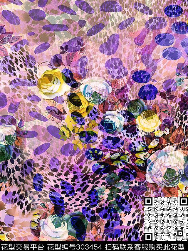 手绘水彩花卉豹纹数码印花花型下载（图片编号: 303454） - 瓦栏（Walan）