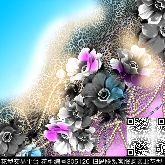 花卉豹纹方巾数码印花花型下载（图片编号: 305126） - 瓦栏（Walan）
