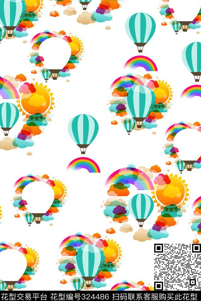 卡通彩色热气球童装花型 - 324486 - 卡通 热气球 彩虹 - 传统印花花型 － 童装花型设计 － 瓦栏