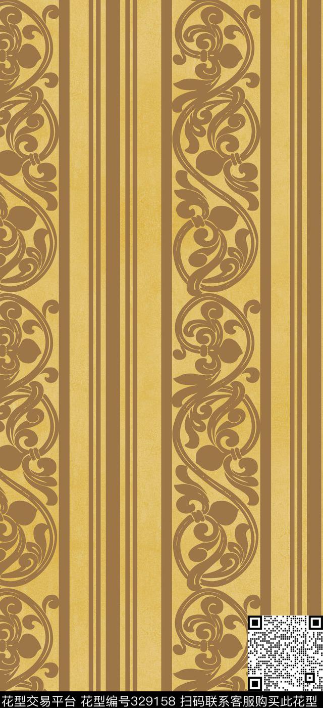 简欧风格罗曼蒂克茛苕叶条纹墙布壁纸花型 - 329158 - 宫廷风 欧式 卷草纹 - 传统印花花型 － 墙纸花型设计 － 瓦栏