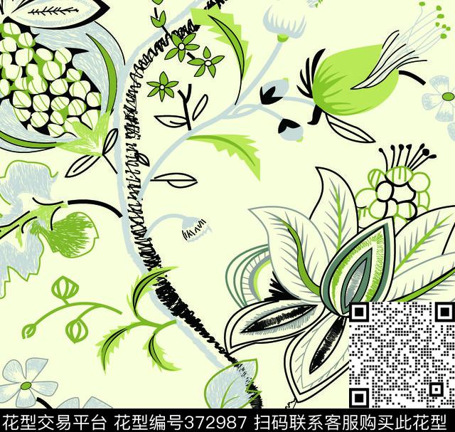 手绘式清爽印花 - 372987 - 花卉 手绘 数码 - 传统印花花型 － 女装花型设计 － 瓦栏