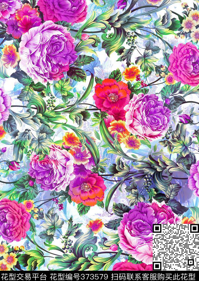 复古花卉旗袍艺术数码印花花型下载（图片编号: 373579） - 瓦栏（Walan）
