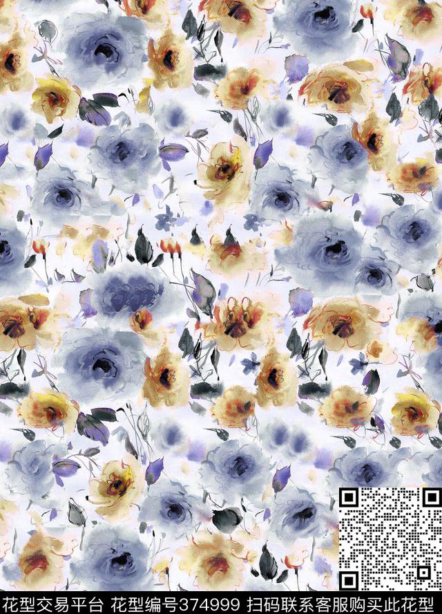 花卉手绘水彩传统印花花型下载（图片编号: 374999） - 瓦栏（Walan）