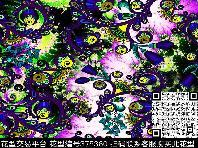 抽象底纹加欧式花卉 - 375360 - 抽象 欧式复古花 - 数码印花花型 － 女装花型设计 － 瓦栏