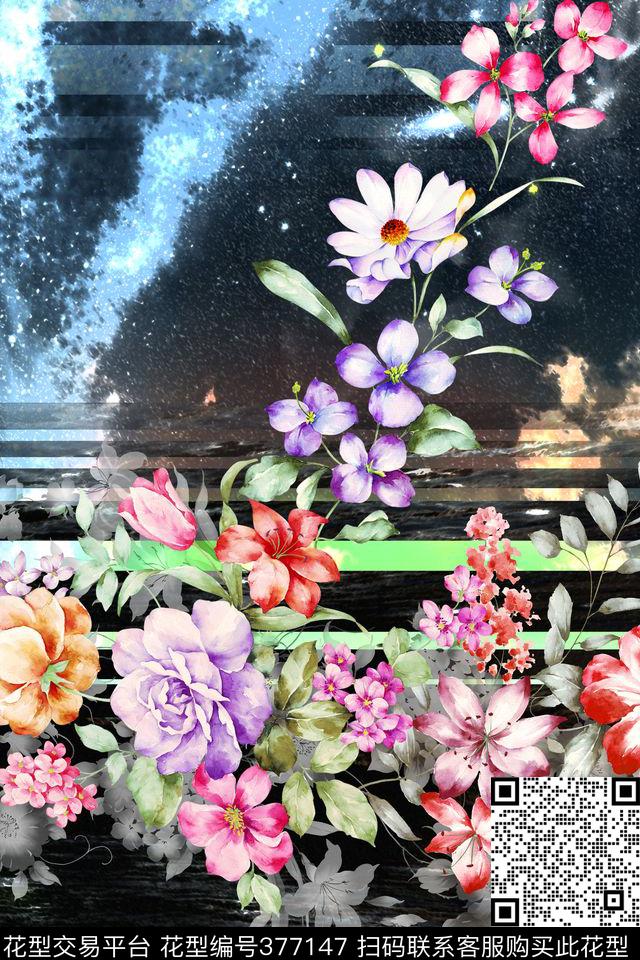定位夜空条纹花卉 - 377147 - 花卉 几何 夜空 - 数码印花花型 － 女装花型设计 － 瓦栏