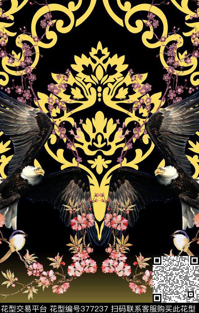 定位鹰与花 - 377237 - 定位 动物 花卉 - 数码印花花型 － 女装花型设计 － 瓦栏