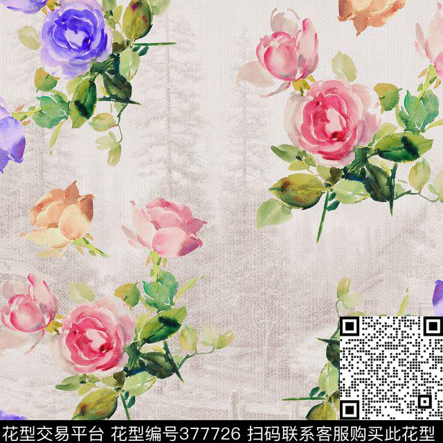 花玫瑰兰色妖姬数码印花花型下载（图片编号: 377726） - 瓦栏（Walan）