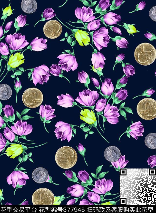 宝蓝紫兰花 - 377945 - 钱币 紫兰花 - 数码印花花型 － 女装花型设计 － 瓦栏