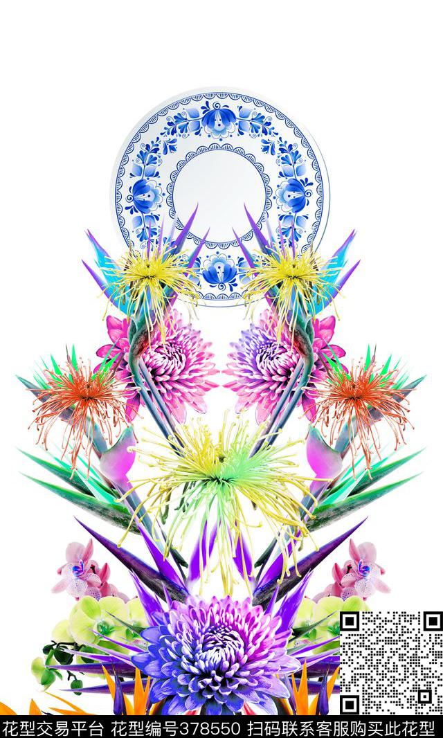 定位花卉青花数码印花花型下载（图片编号: 378550） - 瓦栏（Walan）