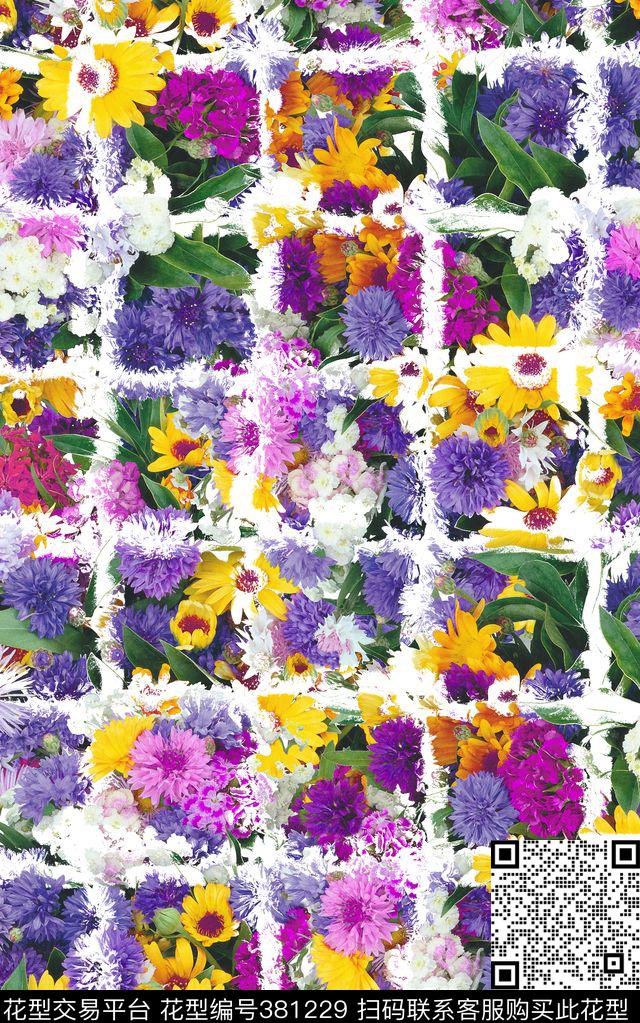 格子花丛花卉数码印花花型下载（图片编号: 381229） - 瓦栏（Walan）