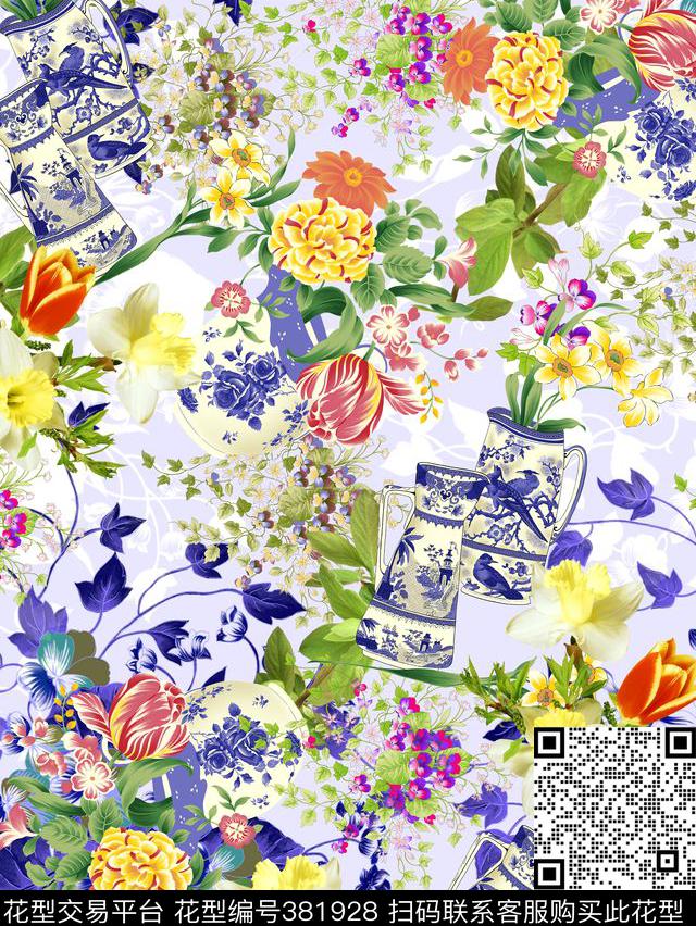 田园瓷器花卉数码印花花型下载（图片编号: 381928） - 瓦栏（Walan）