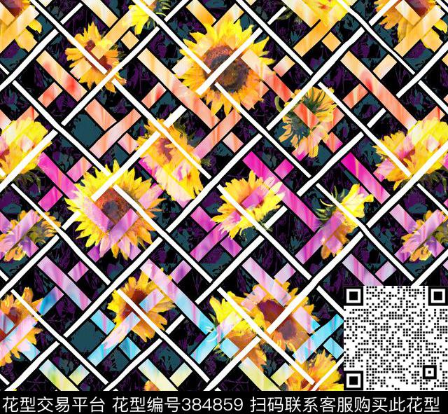 花卉方格未来感数码印花花型下载（图片编号: 384859） - 瓦栏（Walan）