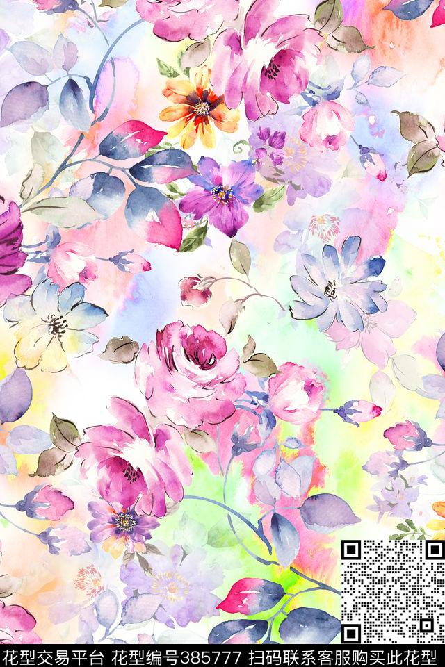 水彩手绘花卉。水彩基底数码印花花型下载（图片编号: 385777） - 瓦栏（Walan）