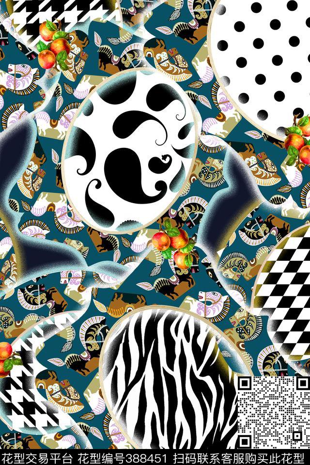 壁纸黑白马图数码印花花型下载（图片编号: 388451） - 瓦栏（Walan）