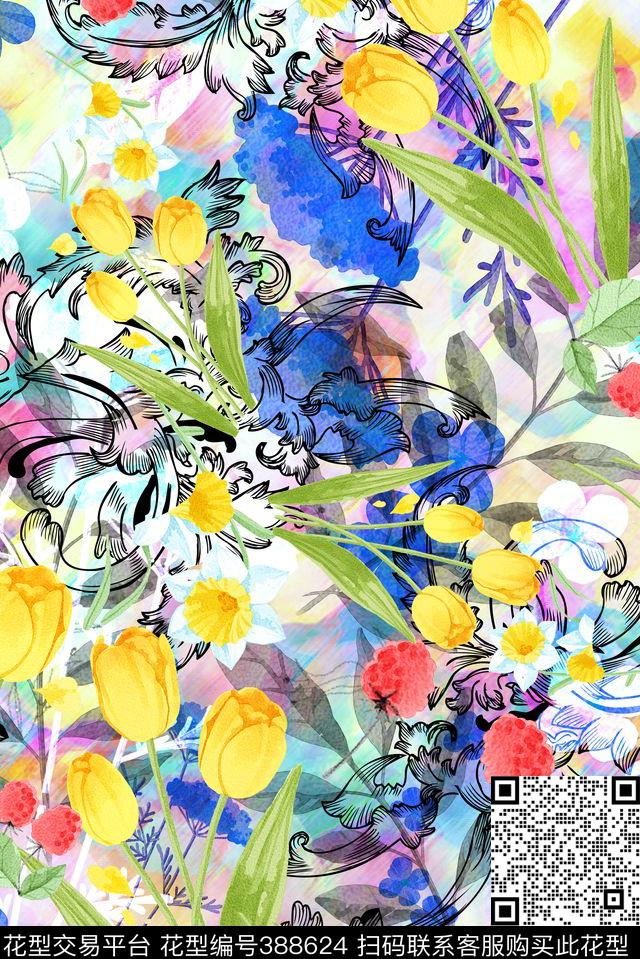春夏枝叶草莓数码印花花型下载（图片编号: 388624） - 瓦栏（Walan）