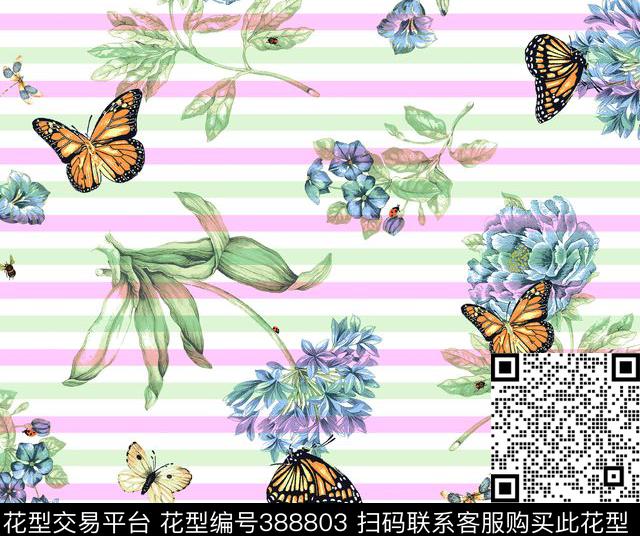 横条蝴蝶淡雅花可爱动物数码印花花型下载（图片编号: 388803） - 瓦栏（Walan）