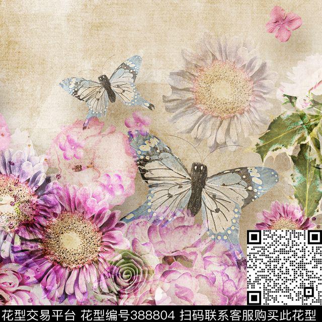 大花蝴蝶朦胧数码印花花型下载（图片编号: 388804） - 瓦栏（Walan）