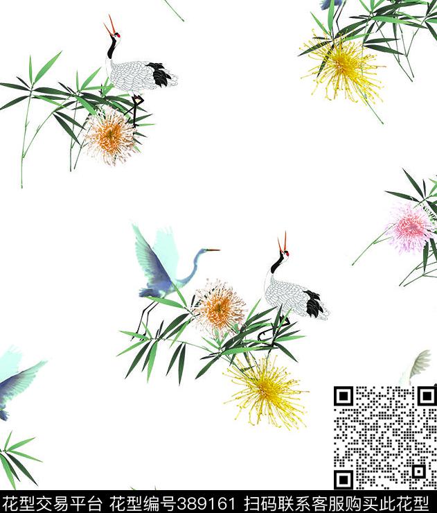 清新仙鹤竹子数码印花花型下载（图片编号: 389161） - 瓦栏（Walan）