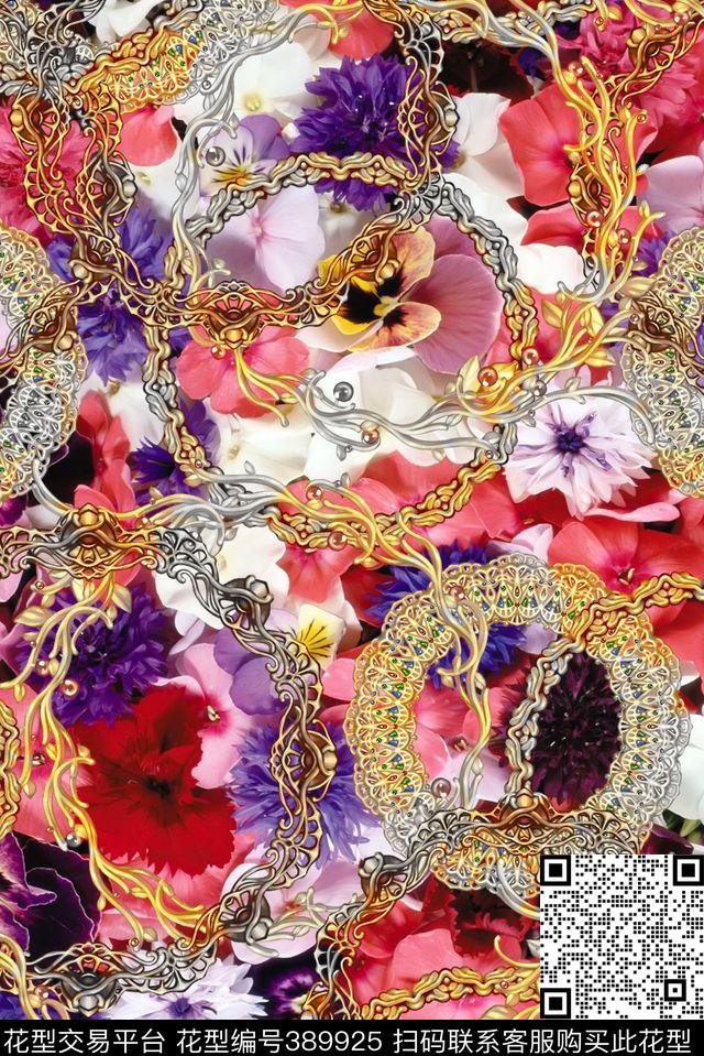 欧式金色花环数码印花花型下载（图片编号: 389925） - 瓦栏（Walan）