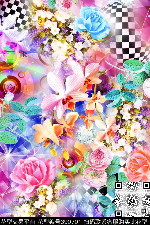 几何炫彩花卉数码印花花型下载（图片编号: 390701） - 瓦栏（Walan）