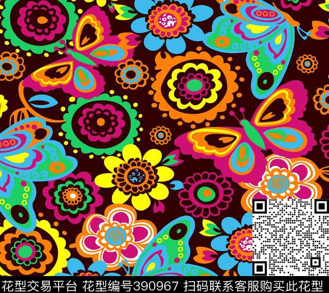 抽象描象蝶恋花传统印花花型下载（图片编号: 390967） - 瓦栏（Walan）