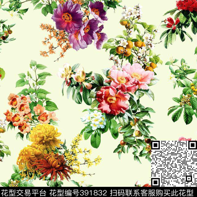 时尚流行茶花牡丹花数码印花花型下载（图片编号: 391832） - 瓦栏（Walan）