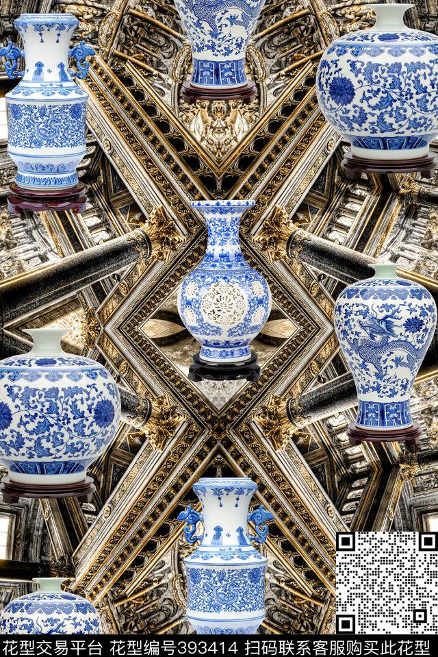 青花瓷复古欧洲数码印花花型下载（图片编号: 393414） - 瓦栏（Walan）