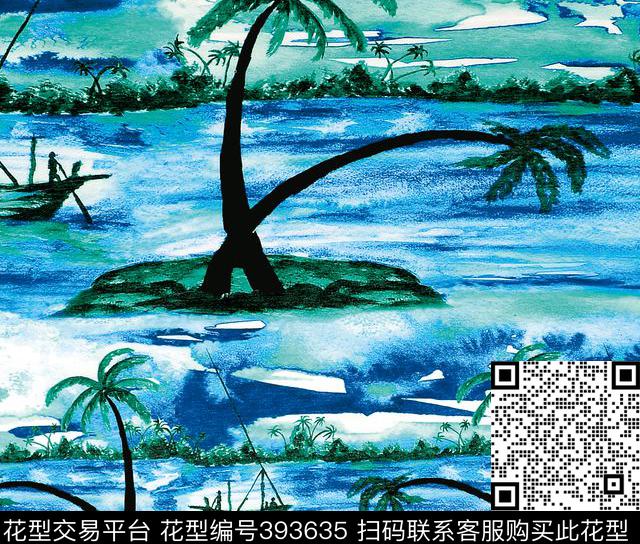 风景海小岛数码印花花型下载（图片编号: 393635） - 瓦栏（Walan）