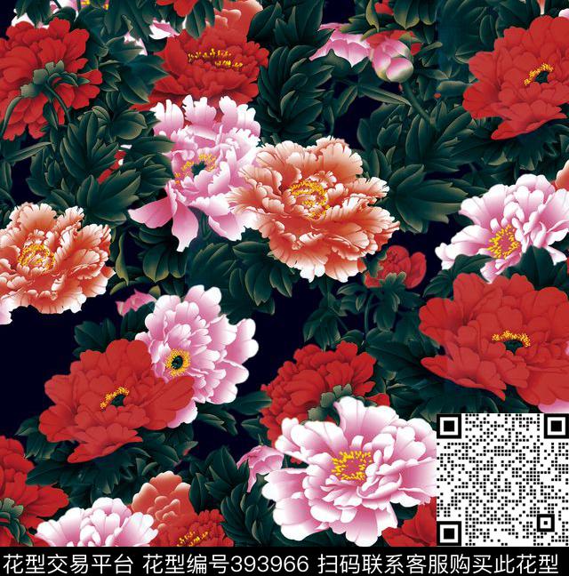 花卉牡丹手绘数码印花花型下载（图片编号: 393966） - 瓦栏（Walan）