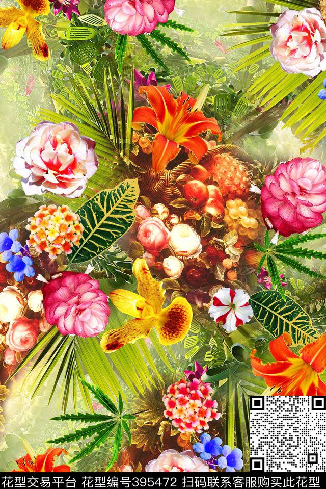 花卉热带油画数码印花花型下载（图片编号: 395472） - 瓦栏（Walan）
