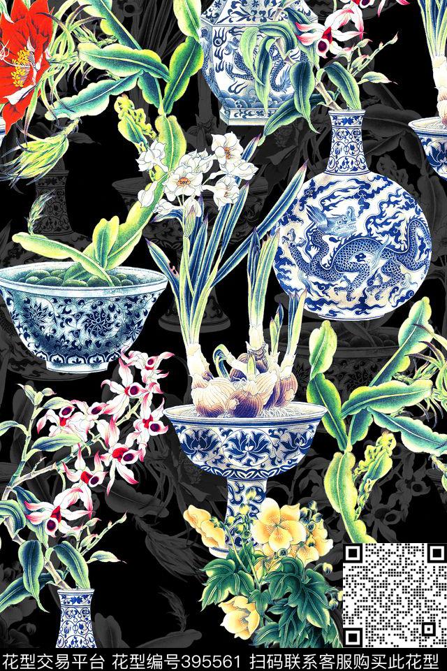 复古青花瓷花卉数码印花花型下载（图片编号: 395561） - 瓦栏（Walan）