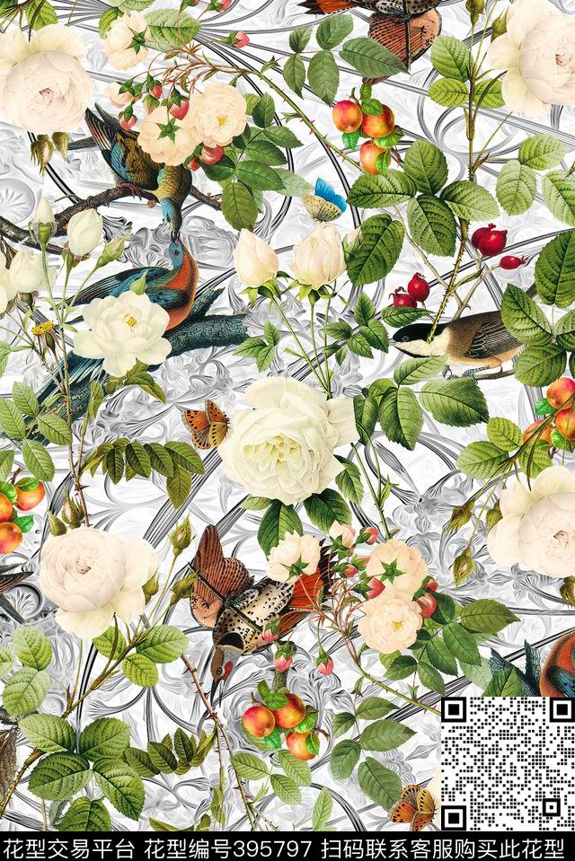 复古风玫瑰植物数码印花花型下载（图片编号: 395797） - 瓦栏（Walan）