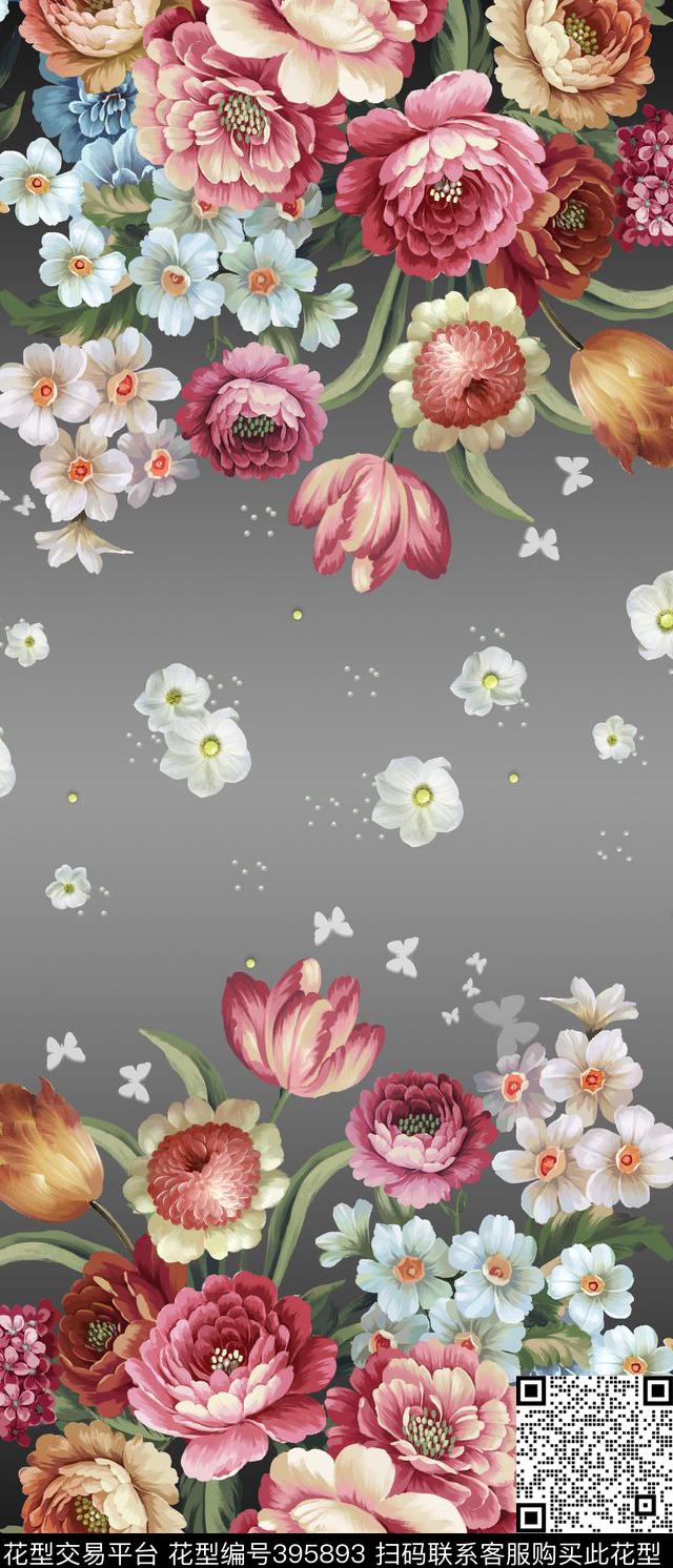对称花过渡花大花数码印花花型下载（图片编号: 395893） - 瓦栏（Walan）