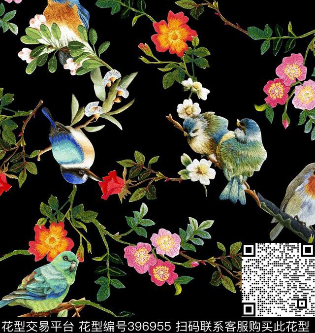 花卉鸟刺绣数码印花花卉数码印花花型下载（图片编号: 396955） - 瓦栏（Walan）