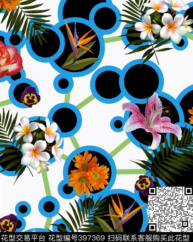 圆点复古热带花卉数码印花花型下载（图片编号: 397369） - 瓦栏（Walan）