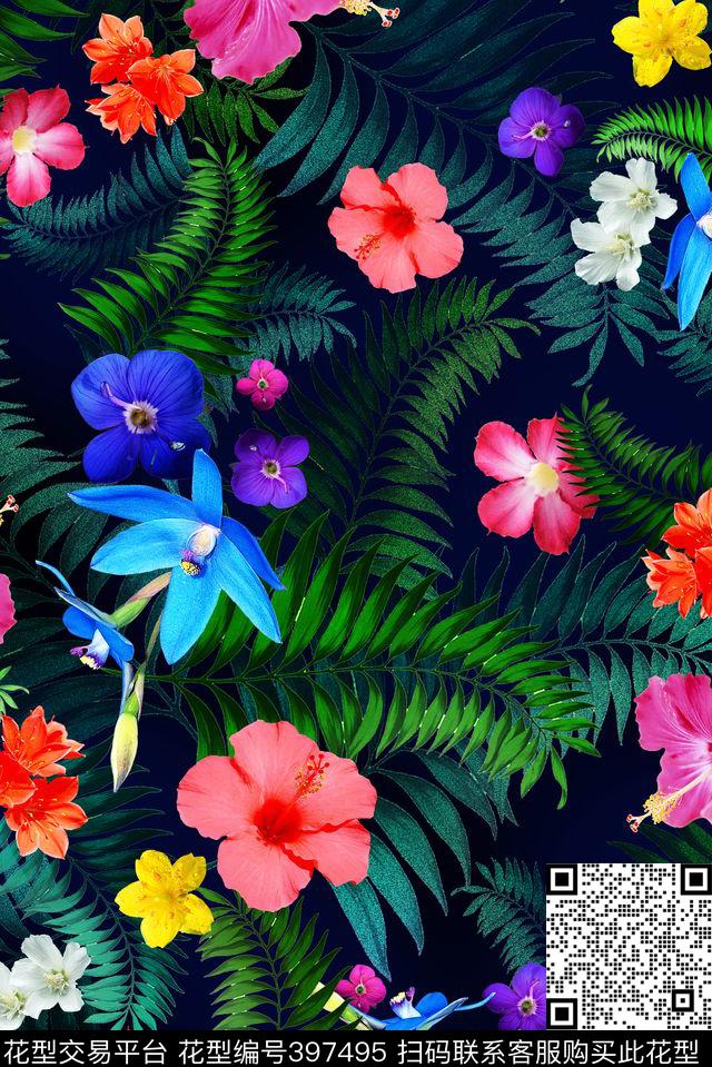 花卉棕榈叶热带数码印花花型下载（图片编号: 397495） - 瓦栏（Walan）