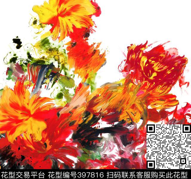抽象花卉油画数码印花花型下载（图片编号: 397816） - 瓦栏（Walan）