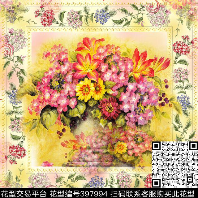 柔情似水 - 397994 - 金色 玫瑰绣球花 田园甜美 - 数码印花花型 － 方巾花型设计 － 瓦栏