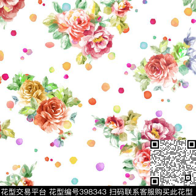 玫瑰花卉波点数码印花花型下载（图片编号: 398343） - 瓦栏（Walan）