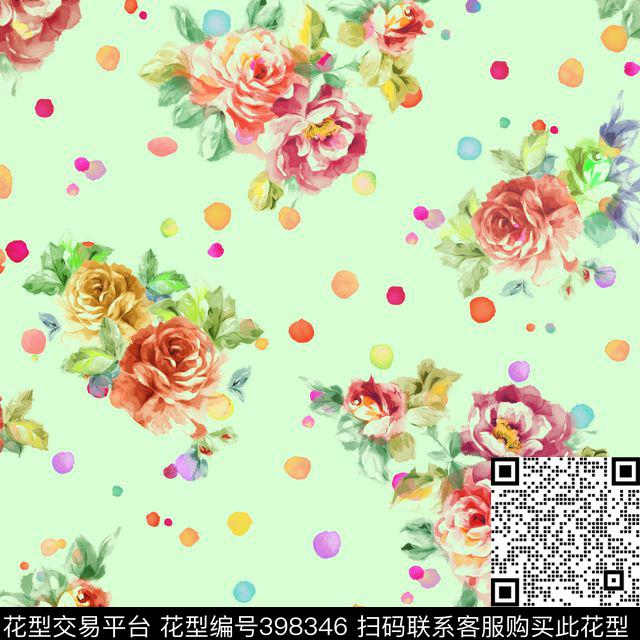 流行时尚水彩花卉波点数码印花花型下载（图片编号: 398346） - 瓦栏（Walan）