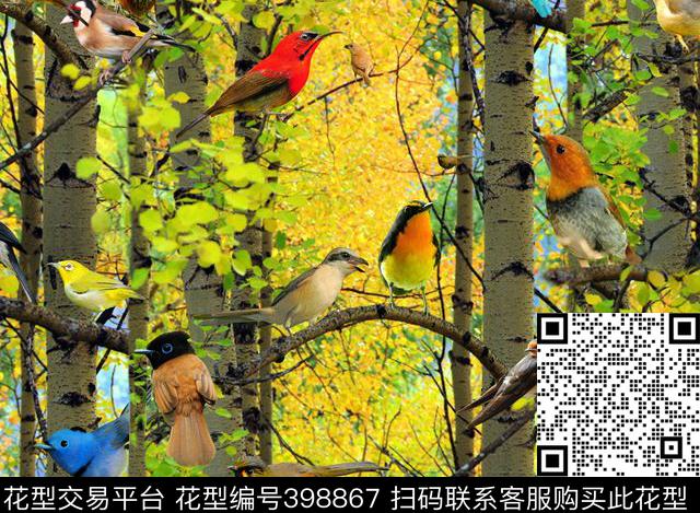 写意丛林小鸟数码印花花型下载（图片编号: 398867） - 瓦栏（Walan）