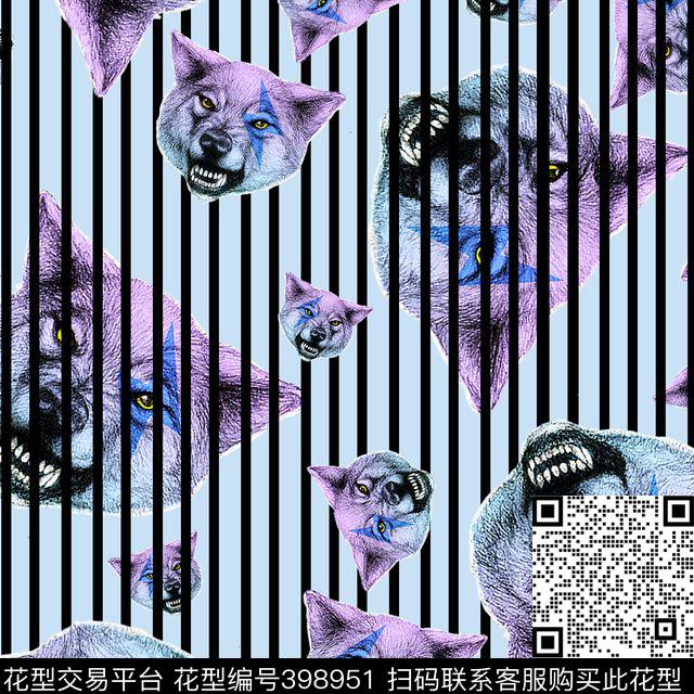 狼头条纹趣味数码印花花型下载（图片编号: 398951） - 瓦栏（Walan）