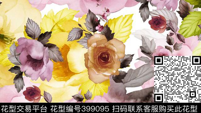 清新水彩效果大花卉背景景加小花前景数码印花花型下载（图片编号: 399095） - 瓦栏（Walan）