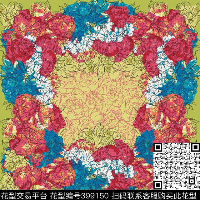 传统印花方巾花卉传统印花花型下载（图片编号: 399150） - 瓦栏（Walan）
